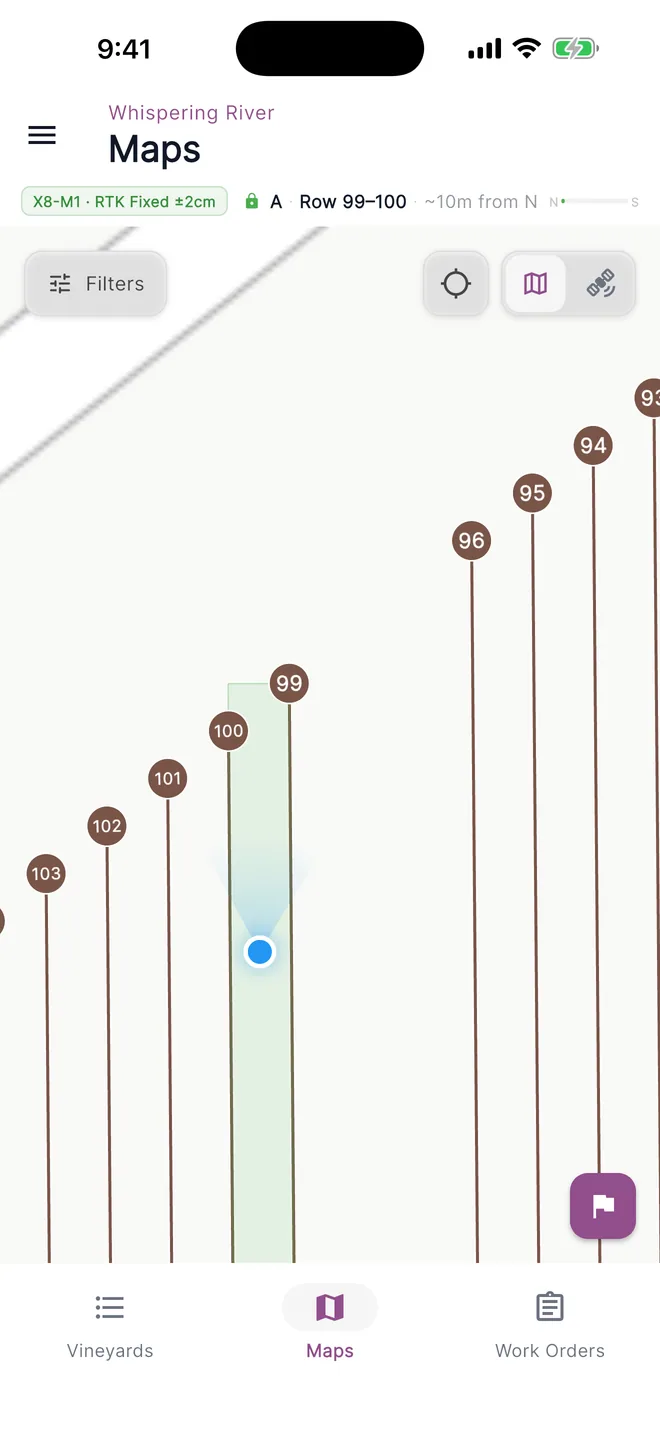The Archer phone app showing live row positions while walking a vineyard block